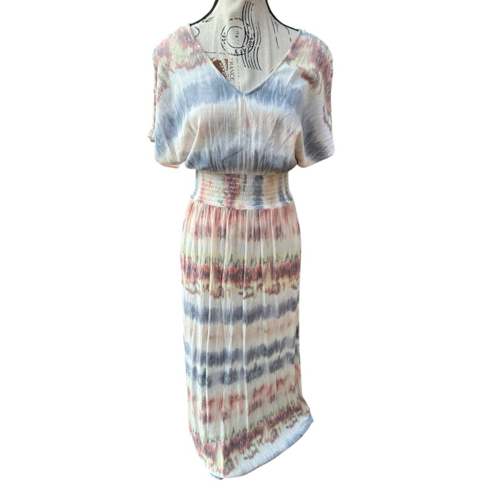 Tie Dye Maxi Dress Medium Smocked Waist Boho Sz M Semi Sheer Resort Vacation EUC